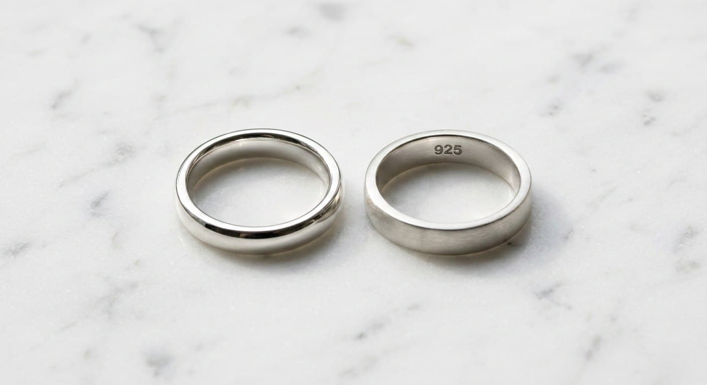 Close-up of a 925 hallmark stamped on the inner band of a sterling silver ring, illustrating how to identify jewelry craftsmanship quality and passing jewelry quality control standards