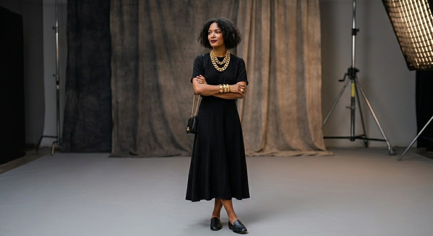 How to wear statement jewelry — woman in a simple black dress styled with a bold gold collar necklace as the focal point against a neutral background