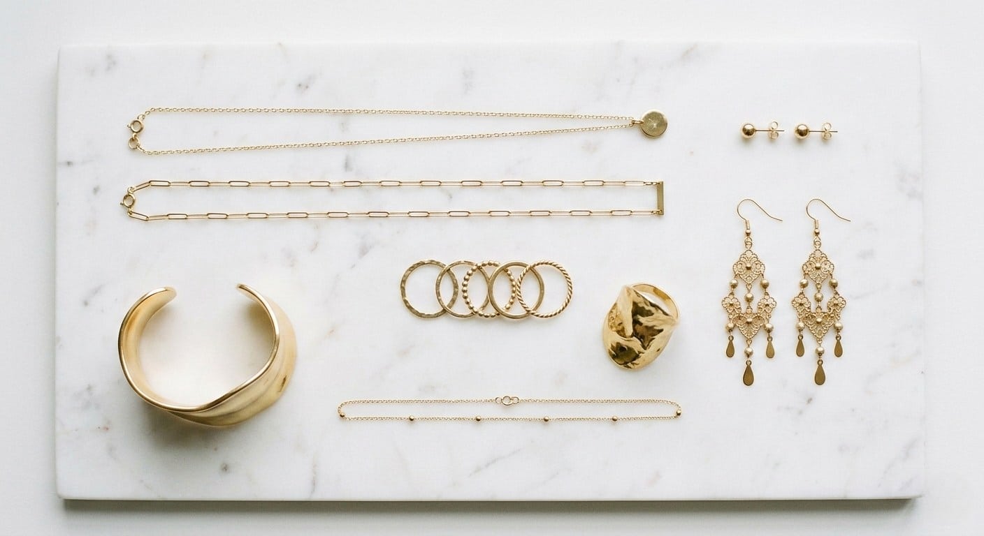 Jewelry capsule wardrobe flat lay — complete collection of minimalist and statement pieces including chain necklaces, stud earrings, chandelier earrings, stacking rings, cocktail ring, and gold cuff arranged on white marble
