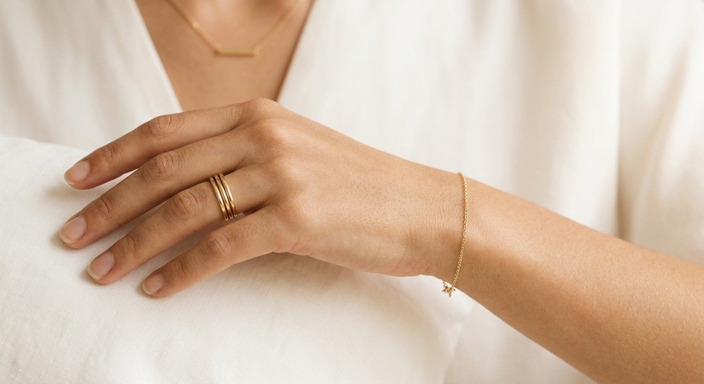 Dainty minimalist jewelry stack — three thin gold stacking rings on one finger and a delicate chain bracelet on the wrist against a white background