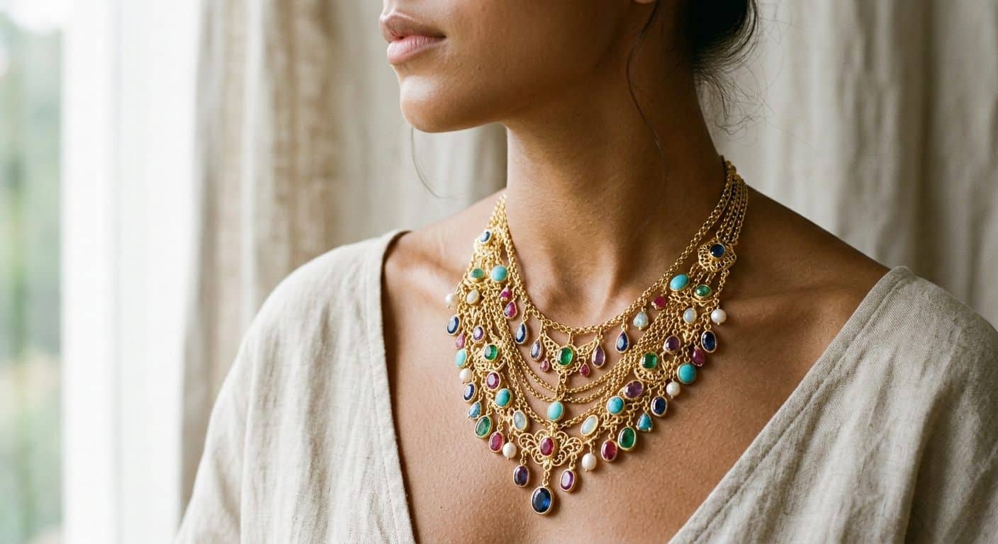 Woman wearing a bold statement jewelry necklace — a layered gold bib style with colorful gemstone drops against a neutral linen background
