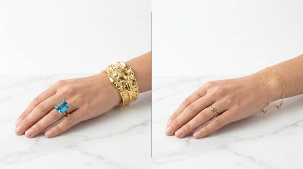 Statement jewelry vs minimalist jewelry — bold gold sculptural cuff and blue topaz cocktail ring on the left, delicate stacking rings and fine chain bracelet on the right