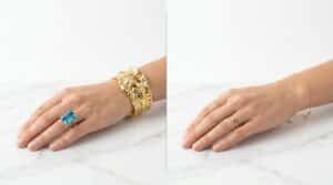Statement jewelry vs minimalist jewelry — bold gold sculptural cuff and blue topaz cocktail ring on the left, delicate stacking rings and fine chain bracelet on the right