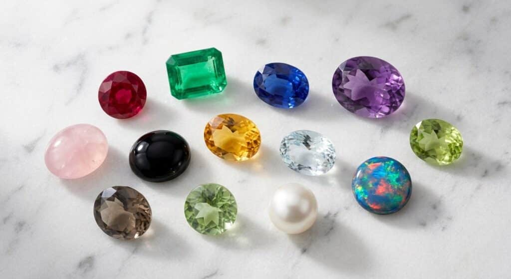 Collection of colorful gemstones including ruby, emerald, sapphire, amethyst, rose quartz, citrine and opal arranged on white marble — gemstone meanings by color