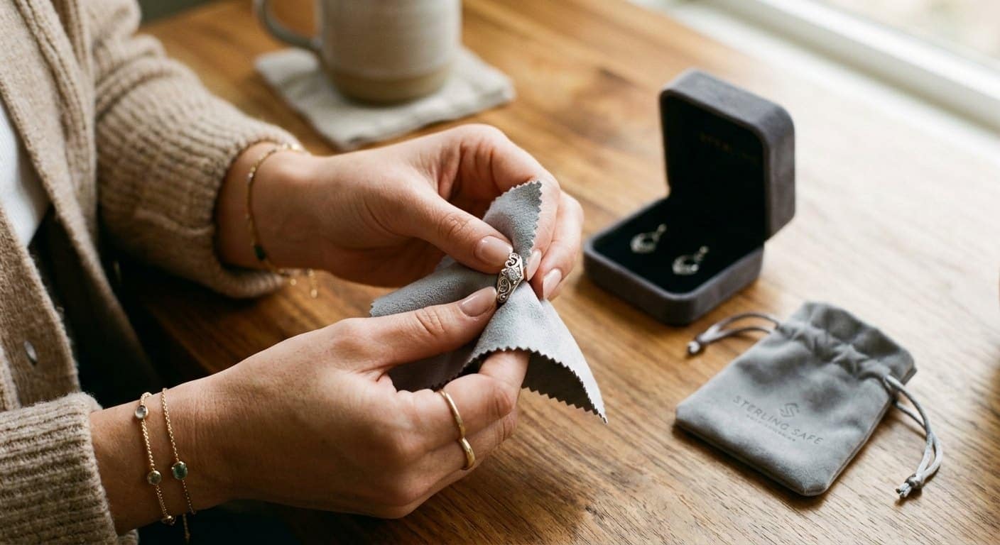 Hands polishing a sterling silver ring with a soft microfiber cloth next to an anti-tarnish jewelry pouch
