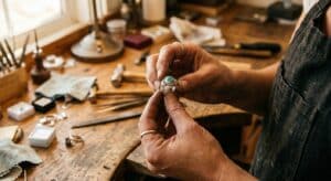 Artisan hands demonstrating jewelry craftsmanship by carefully inspecting a polished sterling silver ring under warm studio light on a wooden jeweler's workbench
