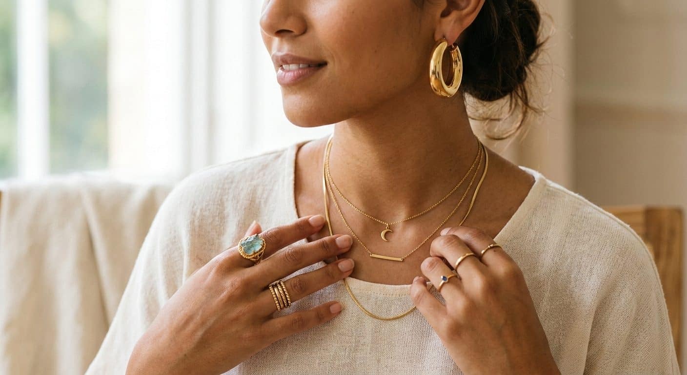 Mixing minimalist and statement jewelry — oversized hoop earrings paired with a delicate layered chain necklace, a cocktail ring, and thin gold stacking rings on a cream outfit