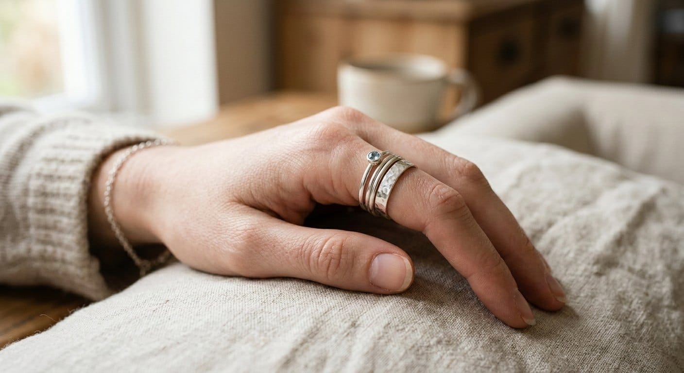 Woman's hand wearing four stacked sterling silver rings — thin bands, hammered texture, and a small gemstone accent