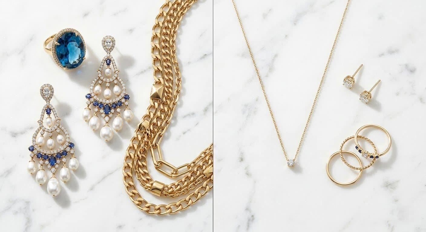 Statement jewelry vs minimalist jewelry flat lay — bold gemstone cocktail ring, chandelier earrings, and layered gold necklace on the left, delicate chain necklace, diamond studs, and stacking rings on the right
