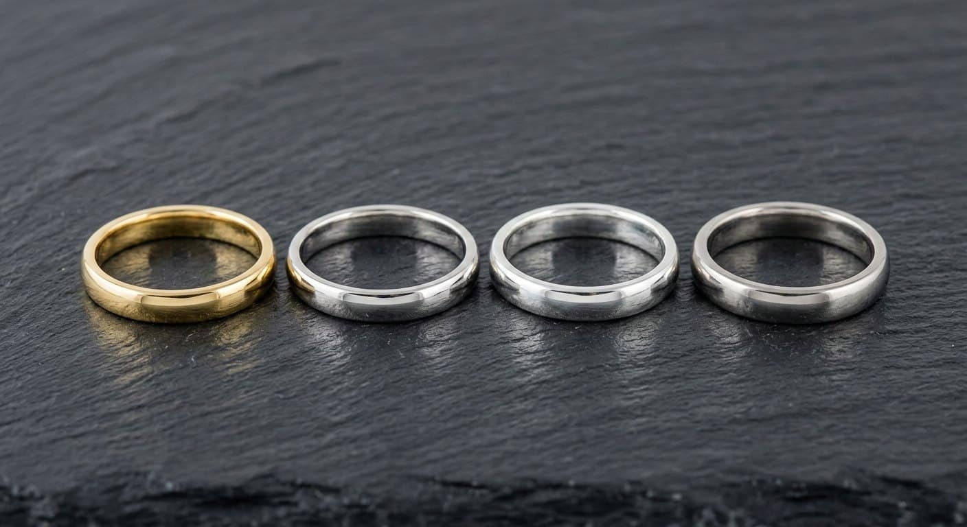 Four rings side by side on dark slate — yellow gold, white gold, sterling silver, and platinum for metal comparison