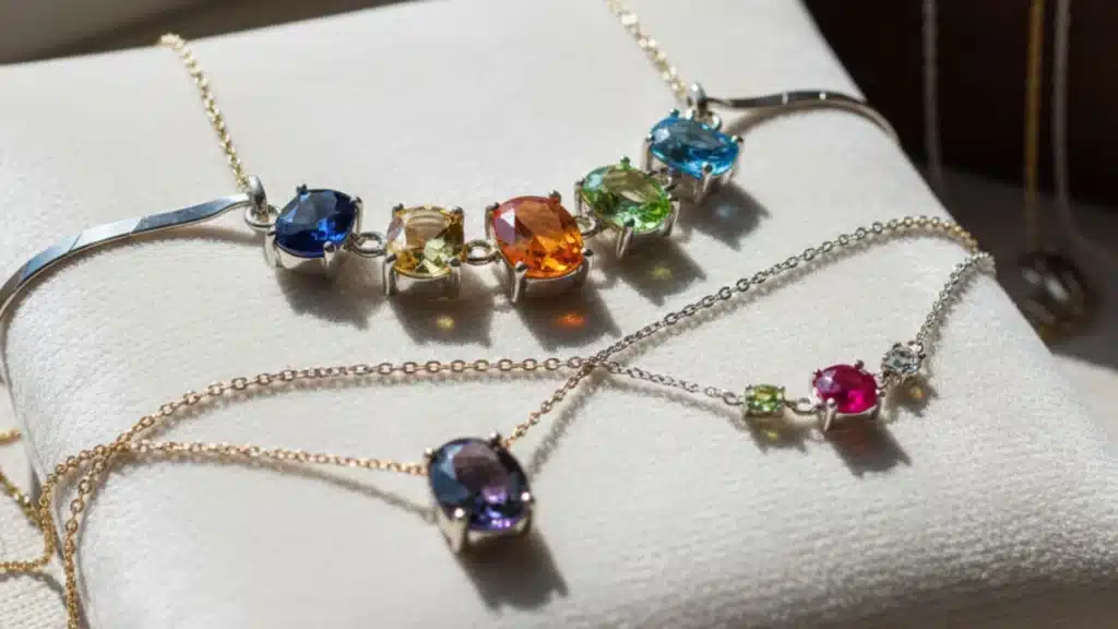 Jewelry Gift Ideas: A photograph shows several pieces of colorful jewelry. On a cream-colored cushion, a delicate necklace with a row of seven oval gemstones in a gradient of colors—from deep blue, through yellows and oranges, to a light blue—is visible. Another necklace below it has a smaller cluster of pink, green, and blue stones. A third necklace with a single deep purple stone is also on the cushion. In the background, a wooden box holds various raw crystals