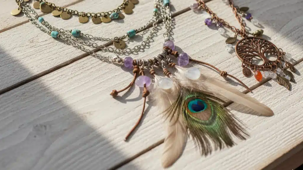 Bohemian-style necklaces featuring layered chains with natural stones including turquoise and amethyst, tree of life pendants, peacock feathers, and intricate metalwork in mixed metals - artistic jewelry gift ideas for her that appeal to free-spirited personalities with natural elements and bohemian flair perfect for creative individuals
