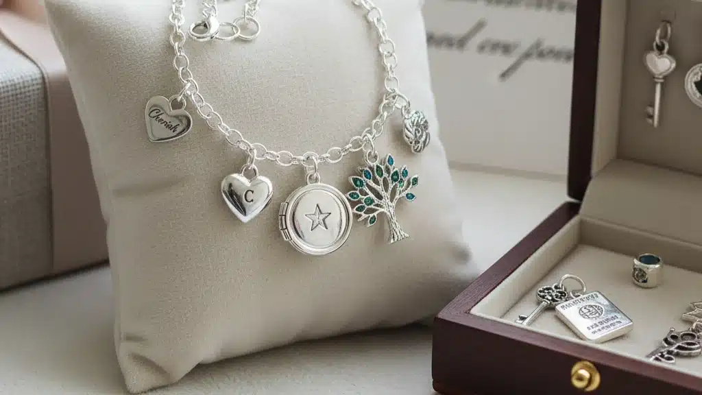 Silver charm bracelet with meaningful charms including heart lockets, tree of life, and personal engravings displayed in an elegant jewelry box - thoughtful jewelry gift ideas under £50 that create ongoing gift opportunities by adding meaningful charms over time for future occasions and celebrations
