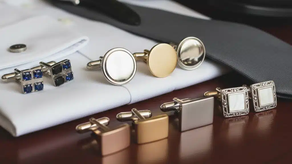 Collection of classic cufflinks in various styles including blue gemstone squares, round mother-of-pearl, solid gold, silver, and ornate square designs with formal dress shirt - essential jewelry gift ideas for him that show attention to detail in formal wear, perfect for professional settings and special occasions requiring sophisticated men's accessories
