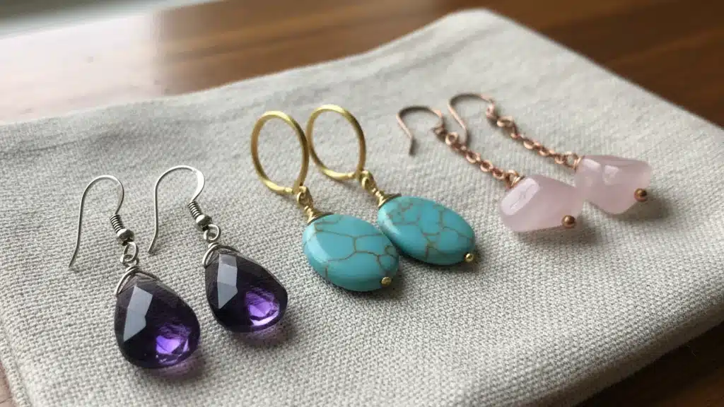 Beautiful collection of drop earrings featuring semi-precious stones including amethyst teardrops, turquoise ovals, and rose quartz in various gold and silver settings - affordable jewelry gift ideas in the £50-£150 mid-range category that provide vibrant color and natural beauty while remaining budget-friendly and elegant