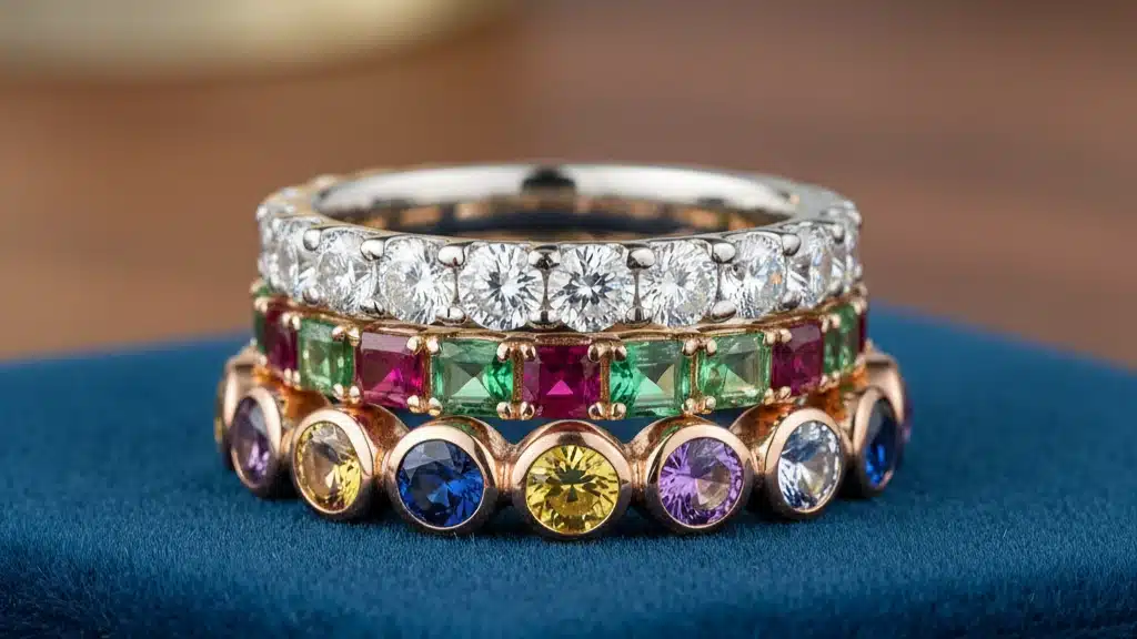 Luxurious stack of three statement rings featuring a diamond eternity band, colorful emerald and ruby gemstone band, and multi-colored sapphire bezel-set band in mixed metals - stunning jewelry gift ideas for milestone anniversaries, special celebrations, or luxury occasions showcasing 2025's trend of colored gemstones and layered styling