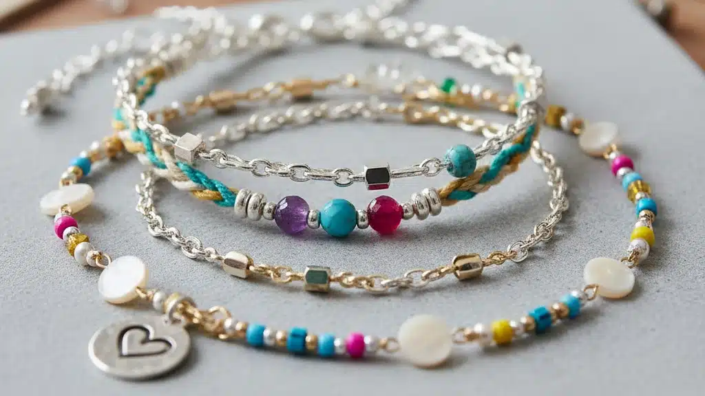These updated friendship bracelets use a combination of materials, including sterling silver or gold-filled chains with colorful accents. They feature small beads in various colors like yellow, pink, and blue. The bracelets are designed to be worn together for a layered look or separately, combining thin metal chains with woven cords and gemstone beads. One bracelet has a heart-shaped charm with a circular disc. These modern friendship bracelets offer a more elegant version of the classic design.