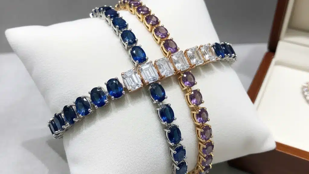 Elegant collection of gemstone tennis bracelets featuring continuous lines of sapphires in deep blue, amethyst in rich purple, and emerald-cut diamonds in pristine white gold settings - luxurious jewelry gift ideas in the mid-range £50-£150 category that add sophisticated elegance to any outfit with beautiful colored gemstones