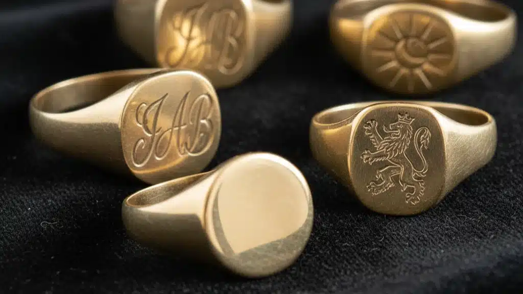 Collection of gold signet rings featuring various engravings including monogram initials, family crests with heraldic lions, decorative patterns, and blank surfaces ready for personalization - traditional luxury jewelry gift ideas over £150 that have made a comeback, perfect for engraving initials, family symbols, or meaningful designs
