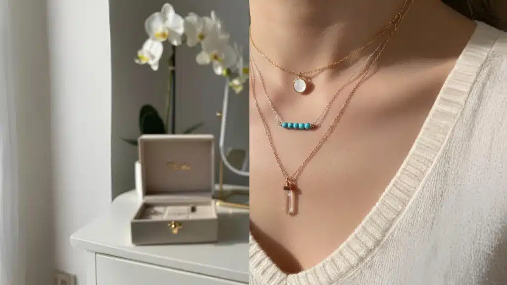Stylish layering necklace set featuring three delicate gold chains in varying lengths with circular pendant, turquoise beaded bar, and rose quartz crystal - curated jewelry gift ideas in the £50-£150 mid-range that create the popular layered look instantly, perfect for achieving 2025's trending stacked necklace aesthetic