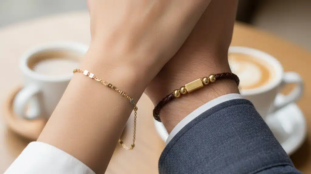 Couple wearing matching coordinated bracelets - a delicate rose gold chain bracelet and a brown leather bracelet with gold accents - perfect jewelry gift ideas for anniversaries showcasing the trending concept of subtle his and hers jewelry that complements without being identical