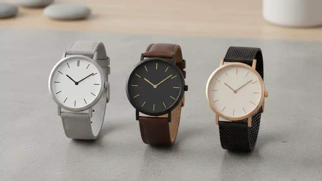 Three sleek minimalist watches with clean faces and quality movements in silver, black, and rose gold finishes with canvas, leather, and mesh bands - stylish jewelry gift ideas perfect for graduation gifts that combine function with contemporary design and transition seamlessly from casual to formal professional settings