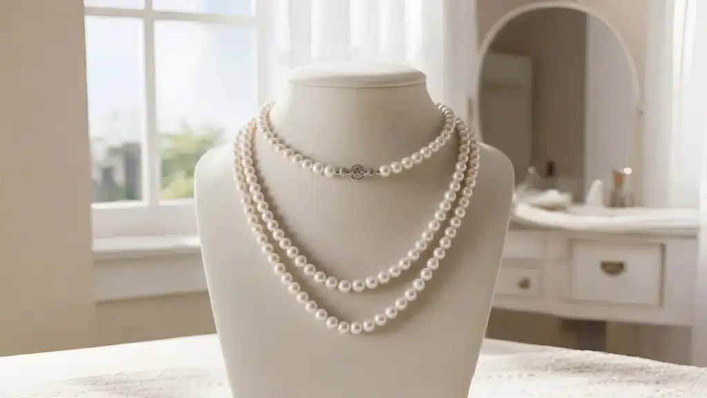 Elegant cultured pearl necklace strands in classic 16-18 inch lengths displayed on jewelry bust, featuring traditional white pearls with ornate silver clasp - timeless luxury jewelry gift ideas over £150 that work for both formal events and everyday elegance, representing investment pieces that last generations