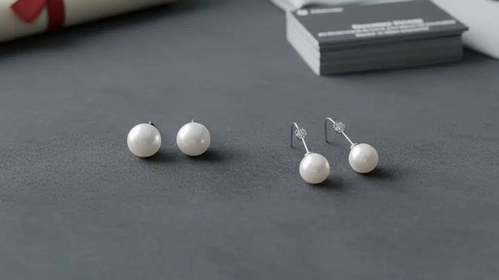 Classic pearl stud earrings and pearl drop earrings with silver settings displayed on elegant gray surface - timeless jewelry gift ideas perfect for graduation gifts to prepare new graduates for professional settings while remaining versatile for everyday wear and formal occasions