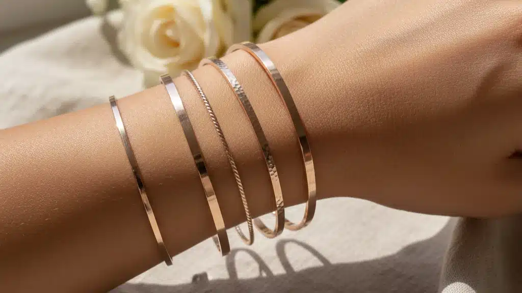 Collection of rose gold bangles in various textures including smooth, twisted rope, and hammered finishes stacked on wrist with cream roses in background - warm-toned jewelry gift ideas for her that complement all skin types, perfect for stacking multiples together or wearing individually for different elegant looks