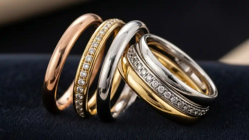 Elegant collection of stackable rings in rose gold, yellow gold, and silver featuring diamond-studded eternity bands and plain metal bands - versatile jewelry gift ideas perfect for birthdays, anniversaries, or fashion-forward friends who love mixing and matching styles