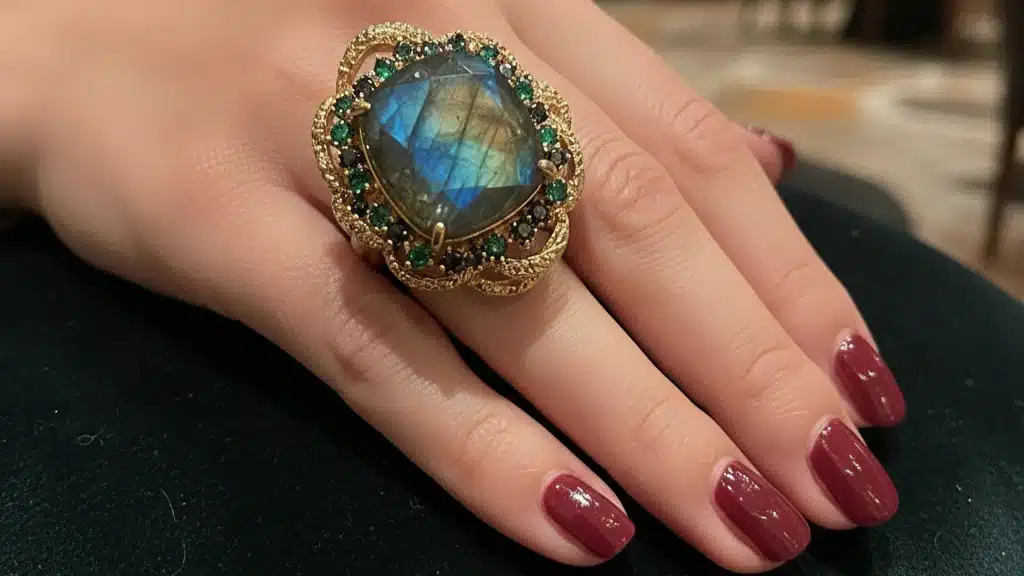 Stunning statement cocktail ring featuring a large labradorite center stone with iridescent blue and green flashes surrounded by emerald accents and gold filigree detailing - bold jewelry gift ideas in the £50-£150 mid-range category that serve as conversation pieces and confidence boosters with unique gemstone designs