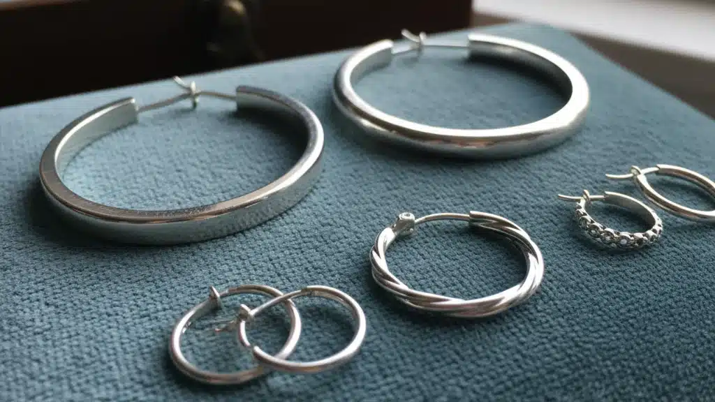 Collection of sterling silver hoop earrings in various sizes from large statement hoops to small sleepers and twisted designs - versatile and affordable jewelry gift ideas under £50 that offer style and quality for every preference, perfect for everyday wear or special occasions