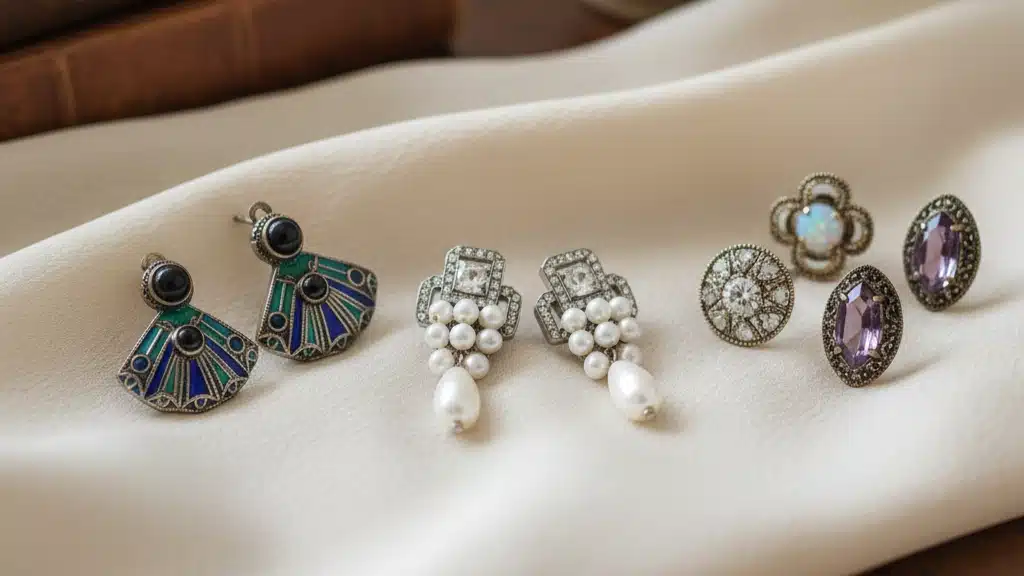 Collection of vintage-style earrings displaying art deco geometric designs with emerald and navy enamel, pearl drop earrings with diamond-style settings, and antique-inspired studs with purple gemstones and opal accents - elegant jewelry gift ideas perfect for anniversaries and romantic celebrations showcasing timeless vintage aesthetics