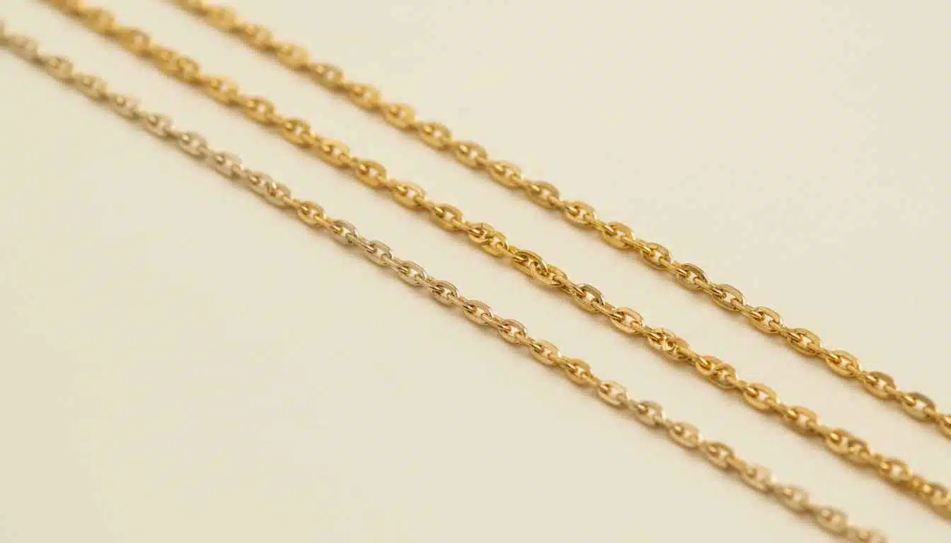 Side-by-side comparison of 10k, 14k, and 18k gold chain color differences