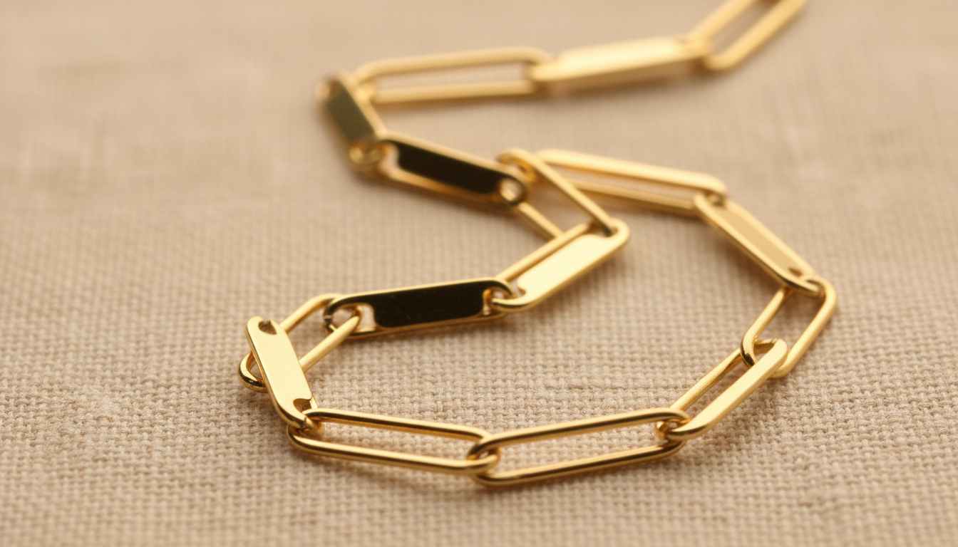 Close-up of 14k gold paperclip chain necklace links — modern minimalist gold jewelry