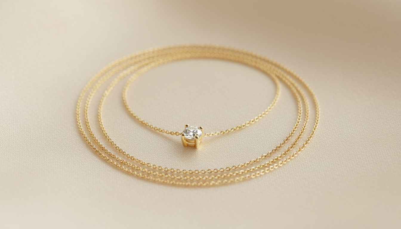 Dainty 14k gold solitaire diamond pendant necklace on cream silk — everyday fine jewelry