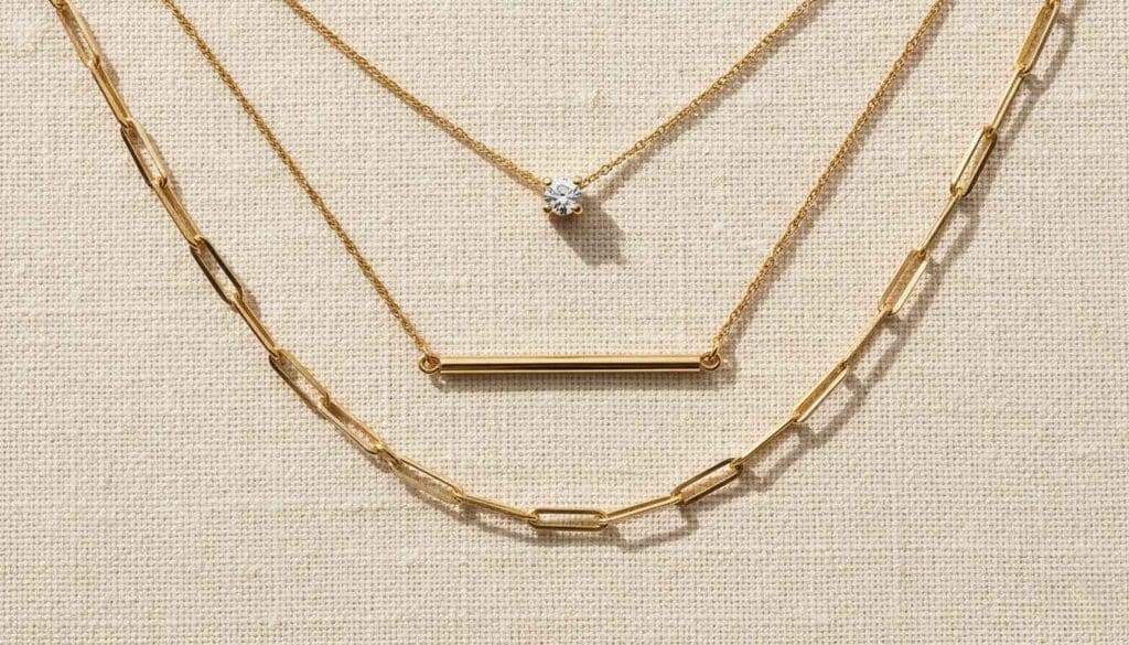 A layered arrangement of elegant chains showcases a dainty gold necklace that adds a subtle, refined touch to the minimalist backdrop.