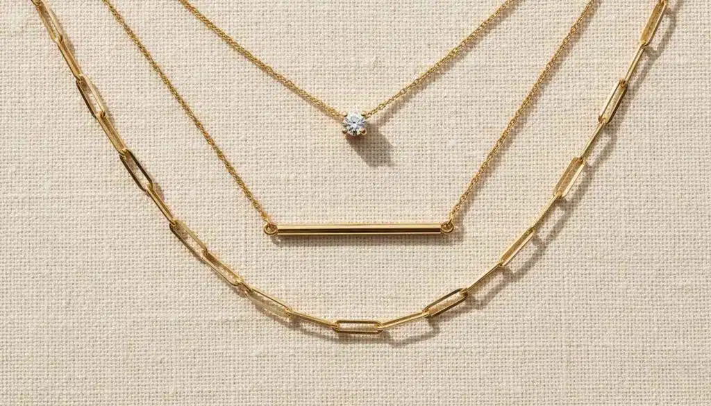 A layered arrangement of elegant chains showcases a dainty gold necklace that adds a subtle, refined touch to the minimalist backdrop.