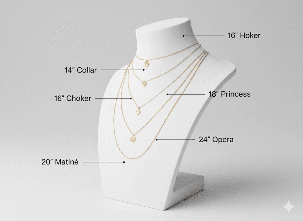 Visual guide to dainty gold necklace lengths showing how choker, princess, and matinee lengths fit.