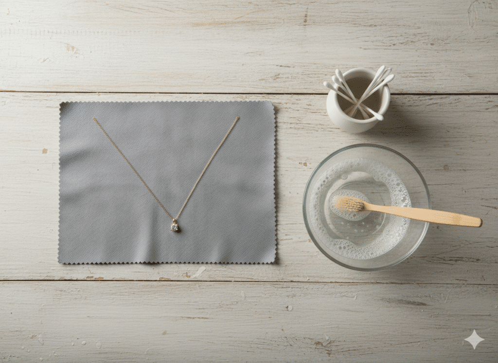 "Essential at-home care kit for cleaning and maintaining a delicate gold necklace.