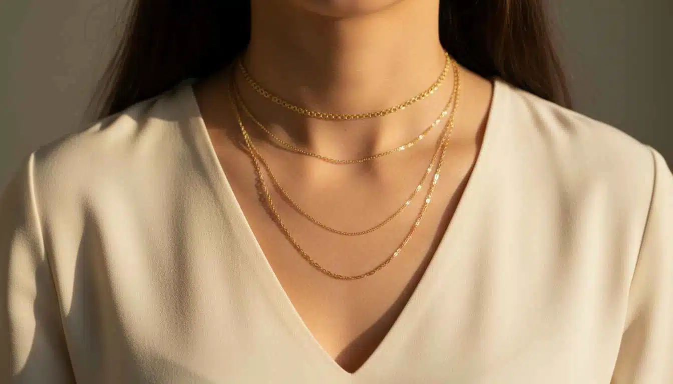 Necklace length guide showing choker at throat, princess at collarbone, matinee at chest