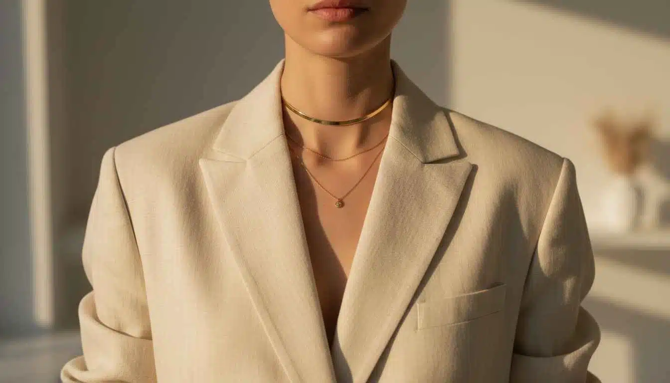 Quiet luxury editorial jewelry look — dainty gold necklaces layered on cream linen blazer