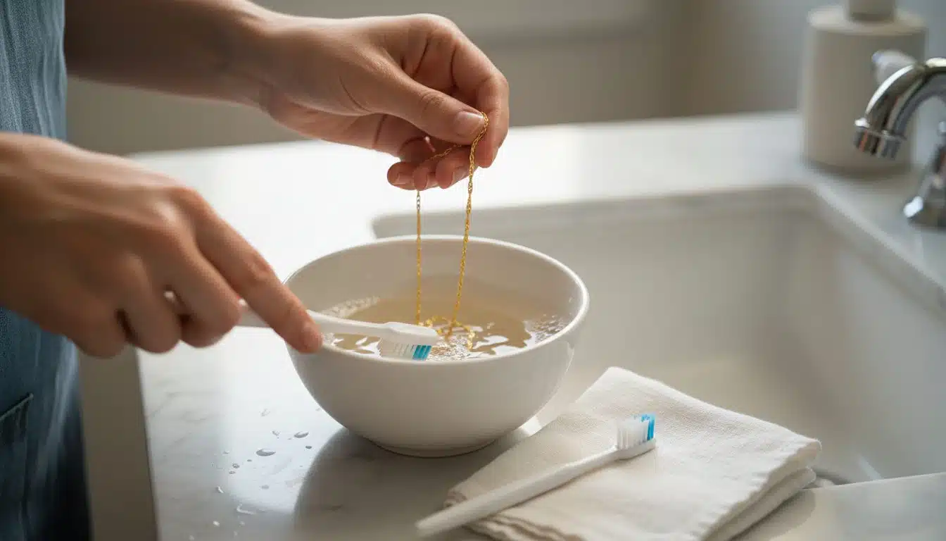 How to clean a gold necklace — warm soapy water and soft brush jewelry care routine