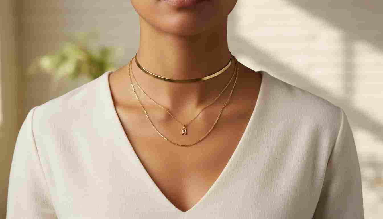 Layered dainty gold necklace stack — choker, initial pendant, and paperclip chain together
