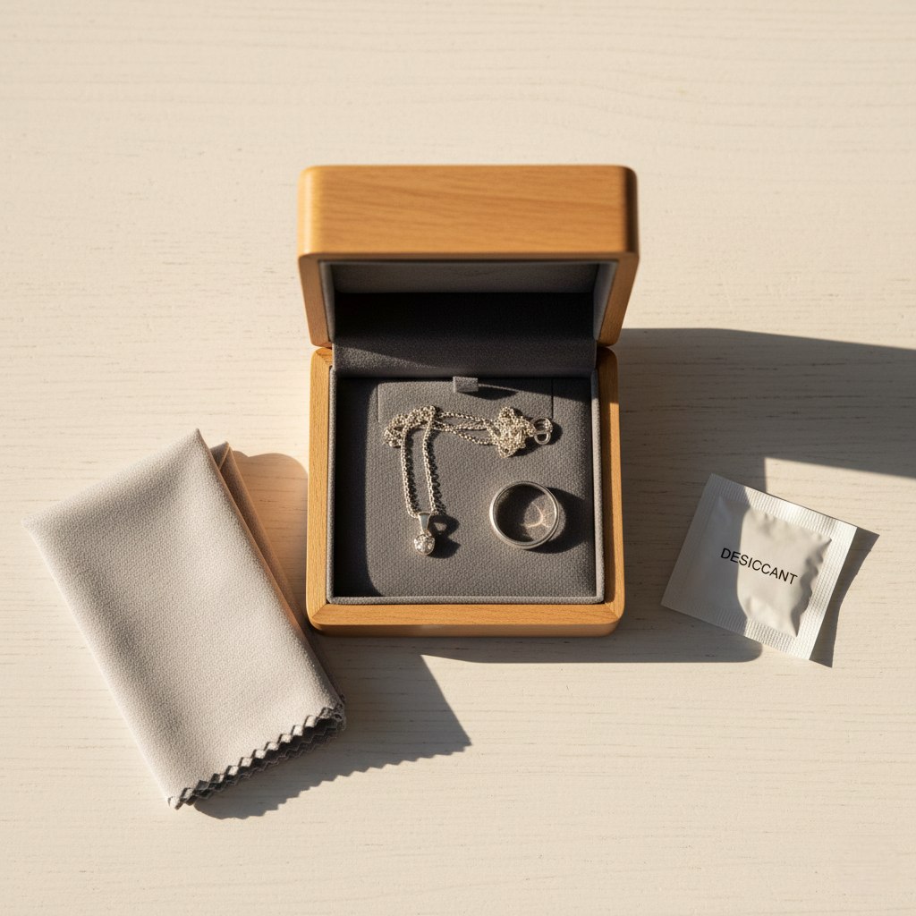 Sterling silver necklace and ring stored in open wooden jewelry box with gray lining, polishing cloth, and desiccant packet on cream surface