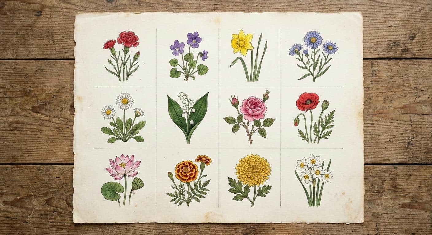 A botanical flat lay of twelve birth flowers arranged in a grid on aged cream paper, used to guide the choice of a birth flower necklace for every month of the year