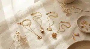 Birth flower necklace meaning — gold flower pendant necklaces laid flat on cream linen, each featuring a different birth flower