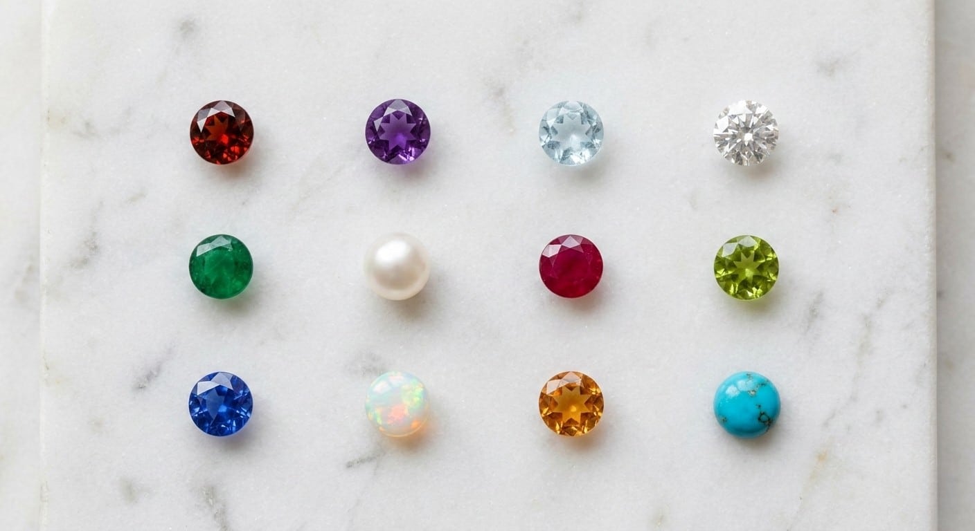 Flat lay grid of 12 birthstones in monthly order — garnet, amethyst, aquamarine, diamond, emerald, pearl, ruby, peridot, sapphire, opal, topaz and turquoise — birthstone meanings by month