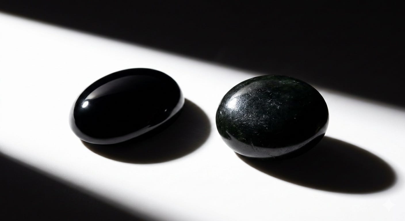 Black onyx and black jade gemstone cabochons on white background with dramatic low-angle lighting — black gemstones meaning protection and strength