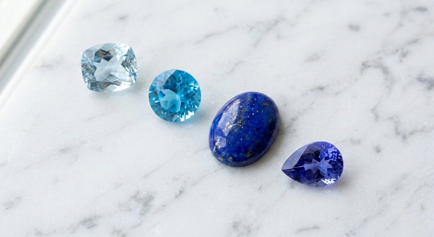 Aquamarine, blue topaz, lapis lazuli and tanzanite gemstones on white marble showing four varieties of blue gemstones from pale to deep